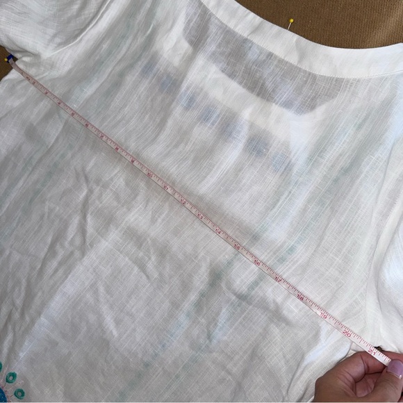 TALBOTS Linen Blend Embroidered Square Neck Top In White/Blue - Picture 15 of 16